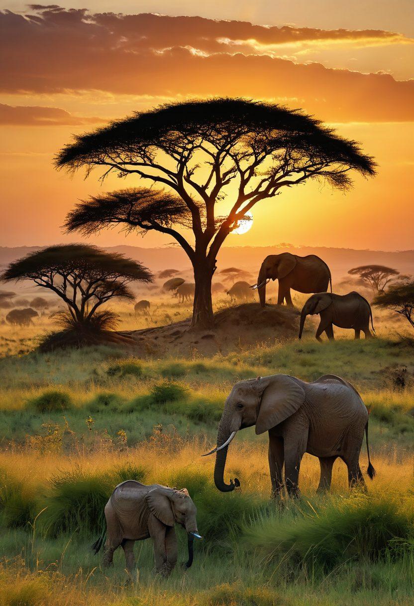 A serene sunset over the Serengeti, showcasing a vibrant landscape with acacia trees silhouetted against the golden sky. In the foreground, a diverse group of wildlife including elephants, giraffes, and a pride of lions, embody the joyous spirit of the wilderness. Soft, flowing grasses sway gently, inviting the viewer to explore this blissful haven. Add hints of colorful wildflowers peeking through the grass. vibrant colors. painting.
