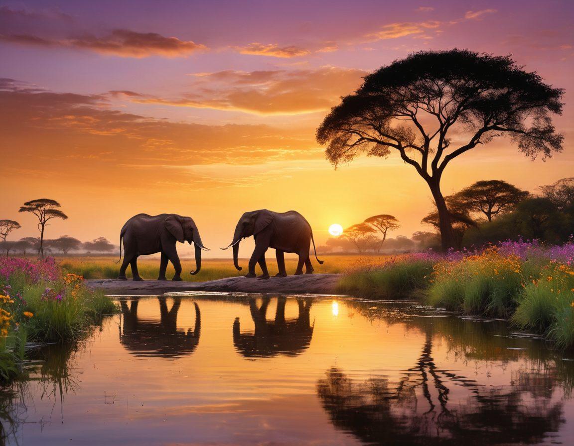 A vast savannah under a golden sunset, featuring silhouettes of majestic elephants and playful lions interacting harmoniously. In the foreground, a tranquil pond reflects the warm hues of the sky, with colorful wildflowers adding vibrancy. Include a serene figure practicing yoga near the water, encapsulating the essence of joy and serenity. The scene should convey peace and wild beauty. super-realistic. vibrant colors. warm tones.
